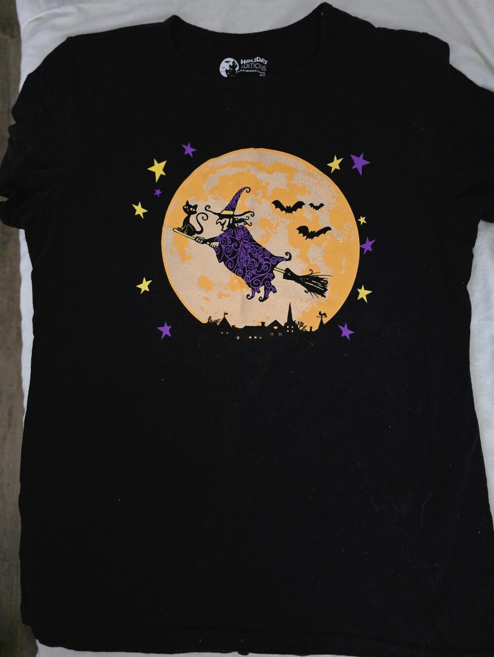 Holiday Editions Black Halloween Tee Witch and Orange Moon Small